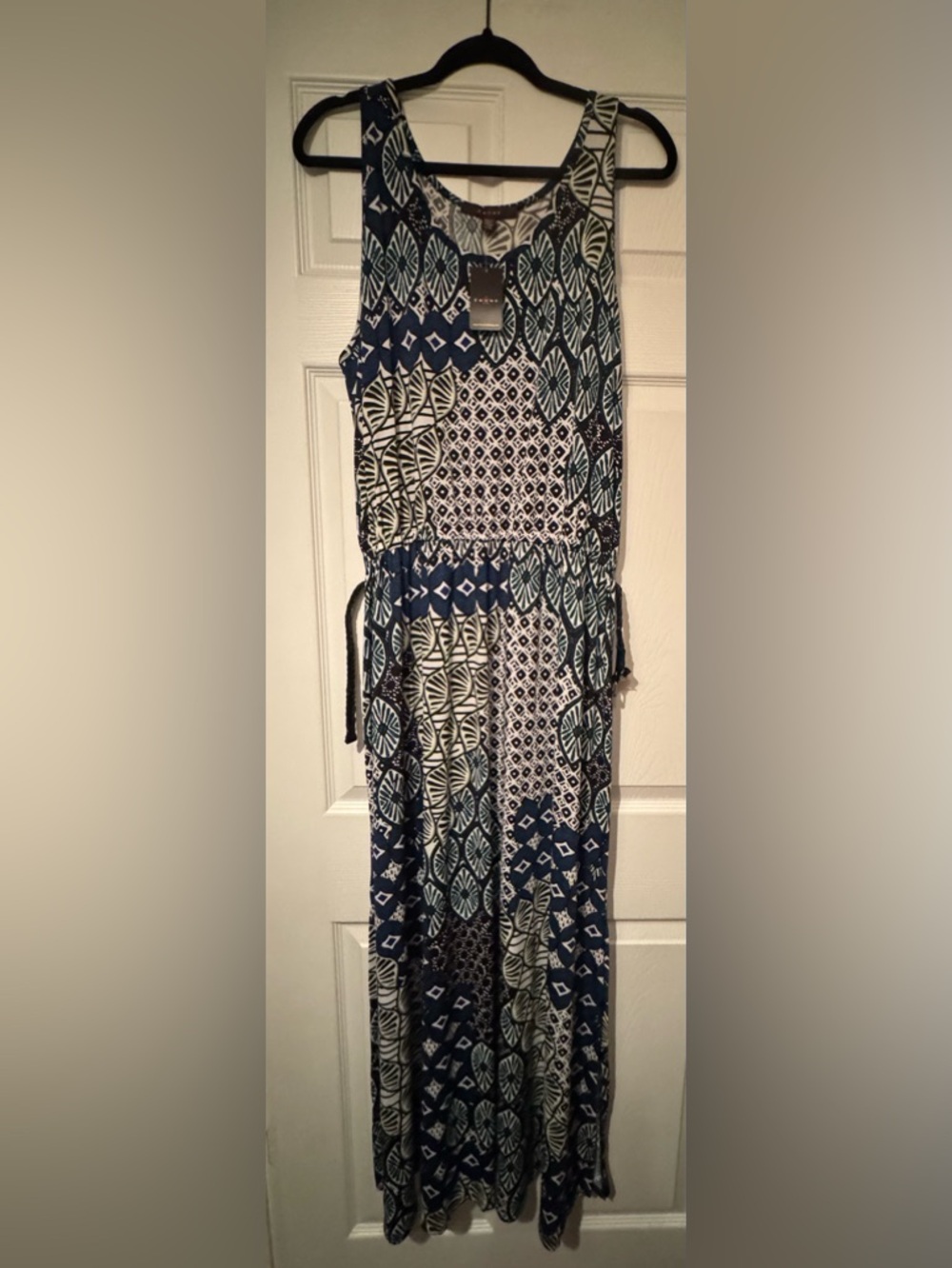 NWT Fever Sz Lg Navy Green White Printed Maxi Dress removable black braid belt